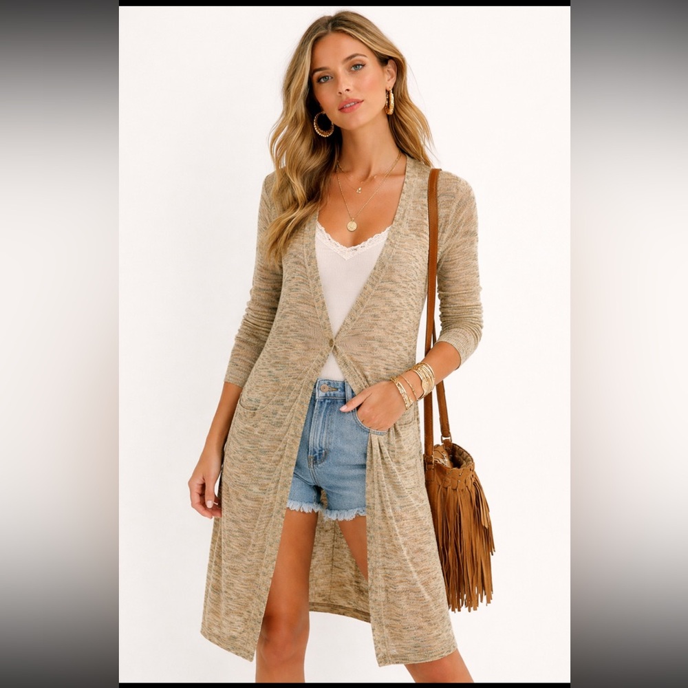 Free People Marled Longline Cardigan Festival Boho Neutral Size Large